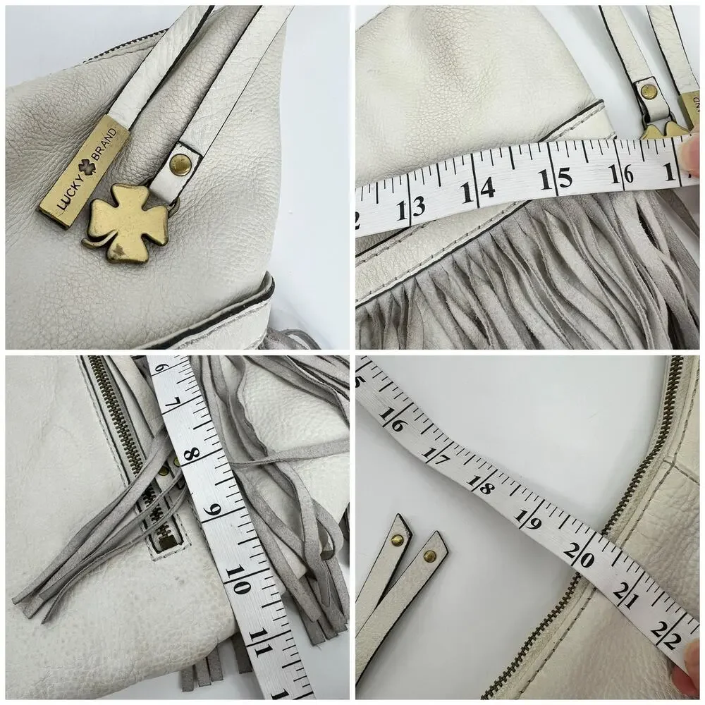 Vintage Y2K Lucky Brand Fringe Shoulder Hobo Bag Cream White Leather FLAW READ
